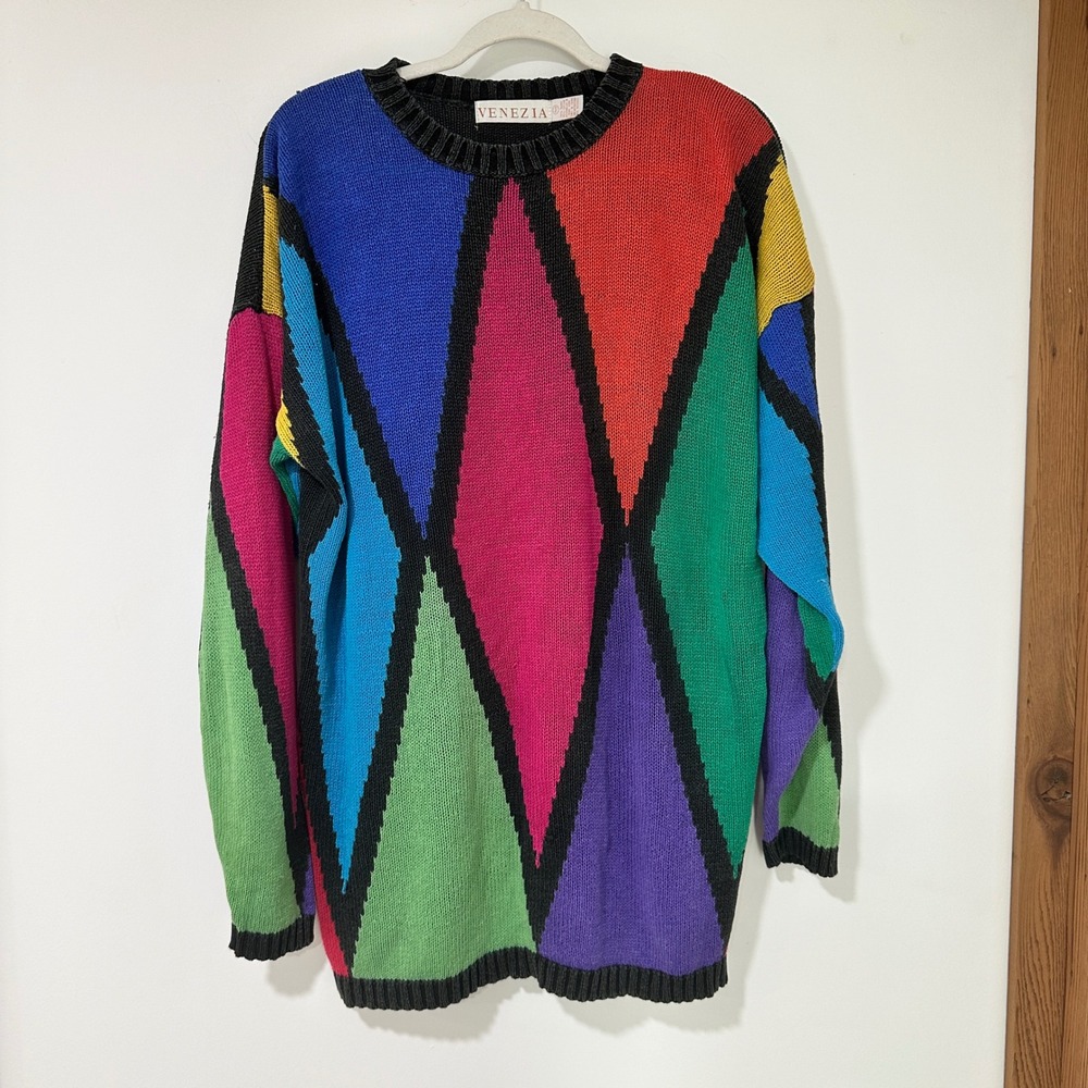 Venezia Vintage Harlequin Diamond Knit Sweater Womens 14/16 Multicolor 80s 90s